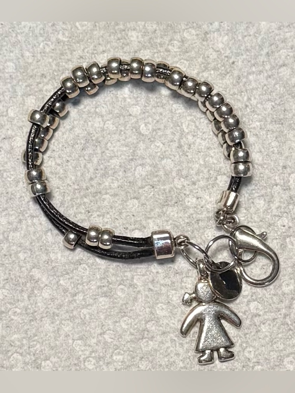 Silver Beaded Leather Bracelet with Girl Charm